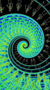 Seamless vertical video of swirl of dancing skeletons drawn style cartoon. Hypnotic rainbow Halloween background with glow effect