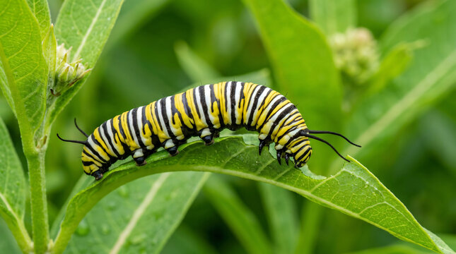 A monarch butterfly caterpillar eating a green milkweed leaf in a garden.