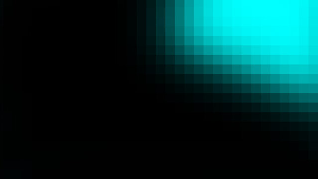 Abstract cyan and black pixelated gradient background with digital square mosaic pattern