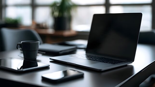 Modern minimalist workspace with laptop  smartphone  tablet  and coffee cup on dark wooden desk near window