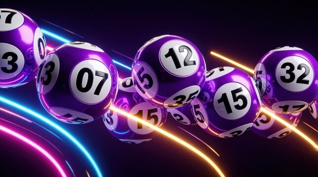 Purple lottery balls with numbers float in dark space with neon light trails. Game of chance concept for win, jackpot, casino, raffle, and betting ads.