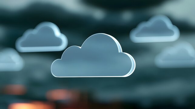A stylized cloud icon with glowing edges floats in a blurred digital environment  suggesting cloud computing or data storage