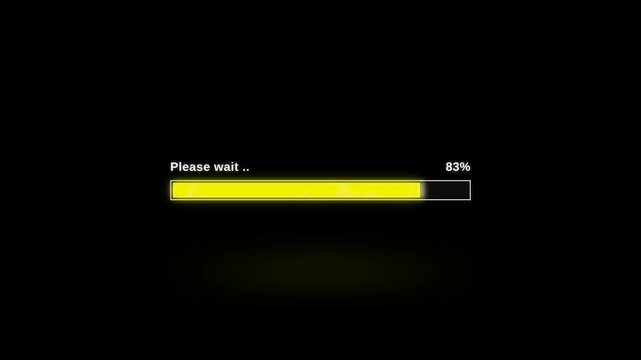 Glowing loading bar with yellow progress status and 83 percent text on dark background, concept for digital download and system update delay, ideal for website interface design and application screens