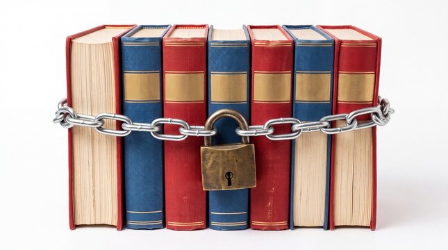 Colorful vintage books wrapped in heavy metallic chains and secured with padlock on white background
