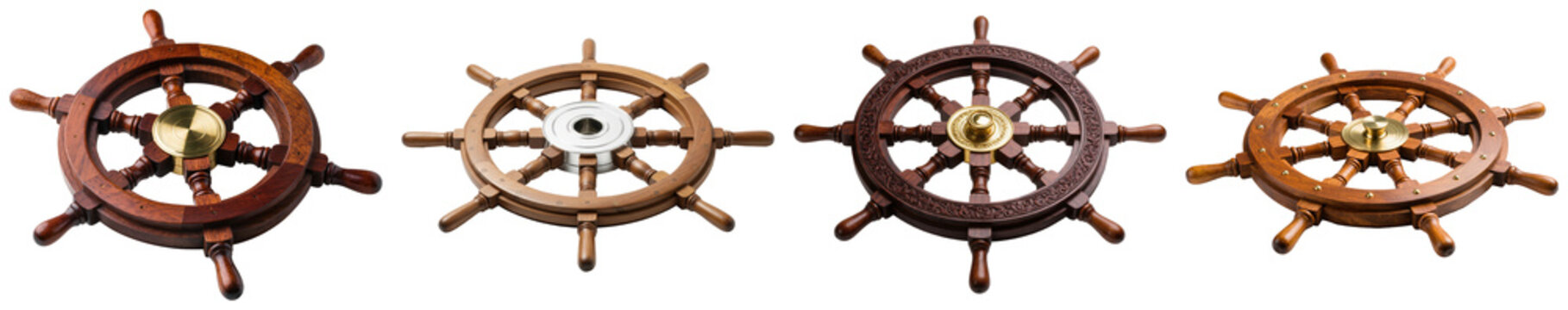 Four wooden ship steering wheels with brass and silver accents, isolated on transparent background