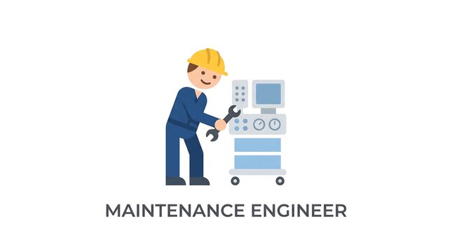 Maintenance engineer in hard hat using wrench to repair medical machine vector illustration