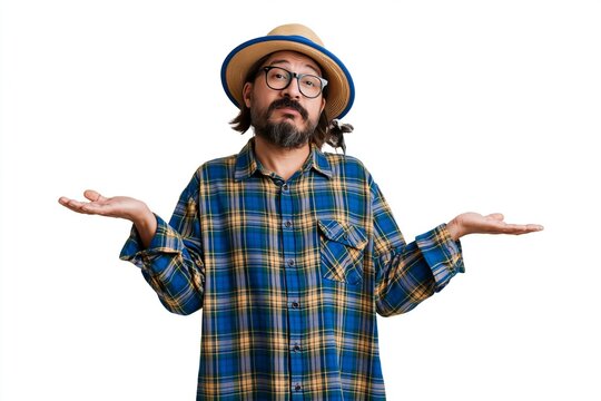 Confused bearded man wearing a straw hat and plaid shirt shrugging with palms facing upward