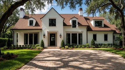 Obraz premium Large white Spanish colonial style house with brown roof, black windows in Florida. Luxury residential estate features paver driveway, green lawn. Massive oak trees provide shade over beautiful