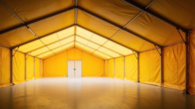 Spacious yellow modular warehouse tent. Steel frame supports fabric walls and roof. Structure offers versatile temporary storage space or event venue.