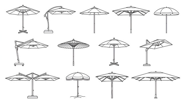 Thin Line Art Vector Illustration Set of Outdoor Patio Umbrellas and Parasols