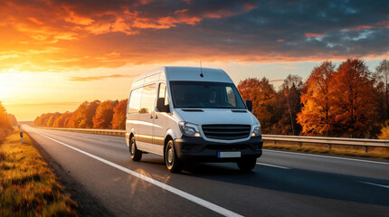 Obraz premium White cargo van travels fast on highway at colorful autumn sunset. Vehicle drives on road through trees with orange leaves. Logistics and shipping service.
