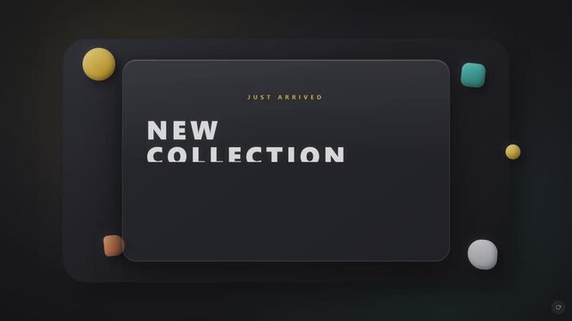 New collection promotional animation featuring a dark rounded card, golden explore button, elegant floating colorful shapes, curated pieces message, soft lighting and modern retail design