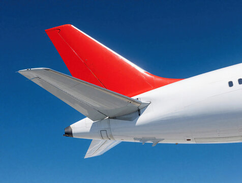 View of large jet plane tail and wing against clear blue sky backdrop. Red vertical stabilizer contrasts white fuselage body. Airplane in flight suggests air travel or journey.
