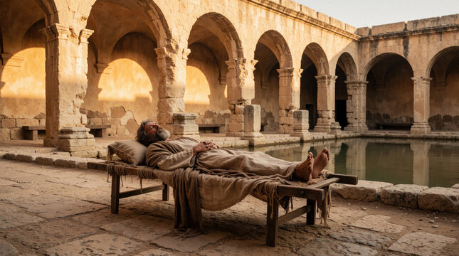 Elderly man rests on a cot near pool of water in ancient stone courtyard. He wears simple robes. Scene suggests illness or biblical healing miracle with hope and faith.