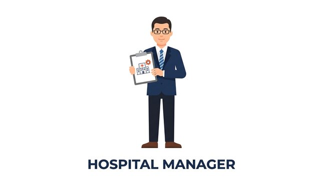 Professional hospital manager in suit holding medical facility improvement plan vector graphic for corporate healthcare
