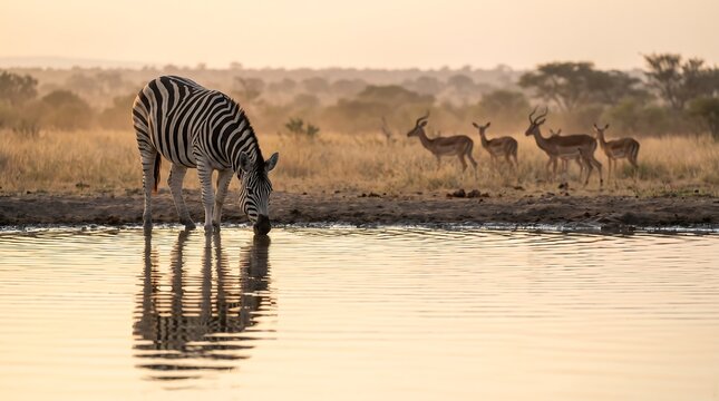 Zebra drinking water at a pond in the african savanna with african wildlife