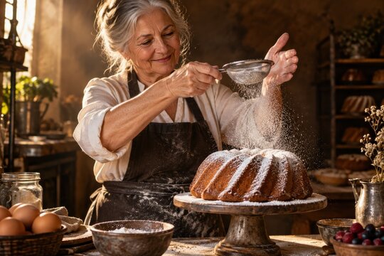 Bakery manager dusting a bundt cake