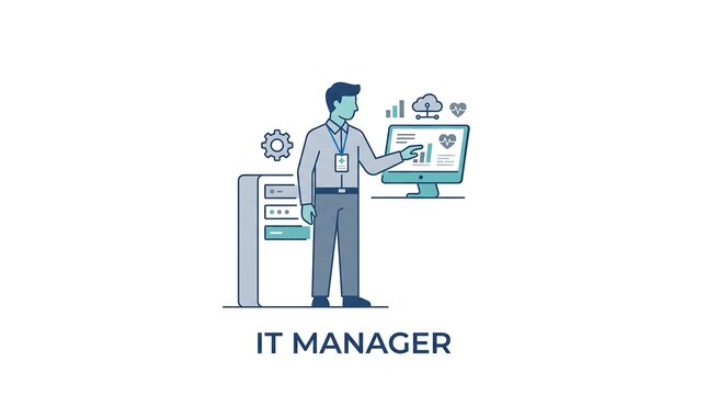IT manager vector illustration showing tech professional managing hospital server system and digital health data dashboards on computer screen for modern healthcare infrastructure