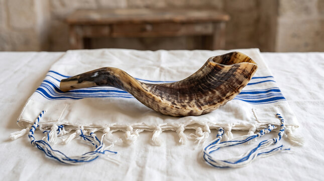 Jewish shofar horn rests on white tallit prayer shawl. Traditional ritual objects for Rosh Hashanah, Yom Kippur holidays. Religious items isolated on white background for Jewish New Year celebration