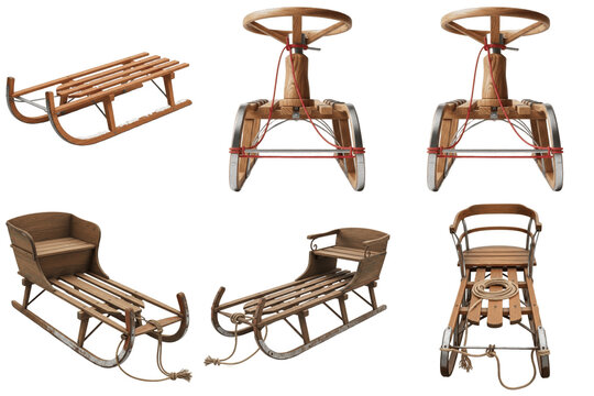Collection of wooden sleds with ropes and steering wheels, isolated on transparent background