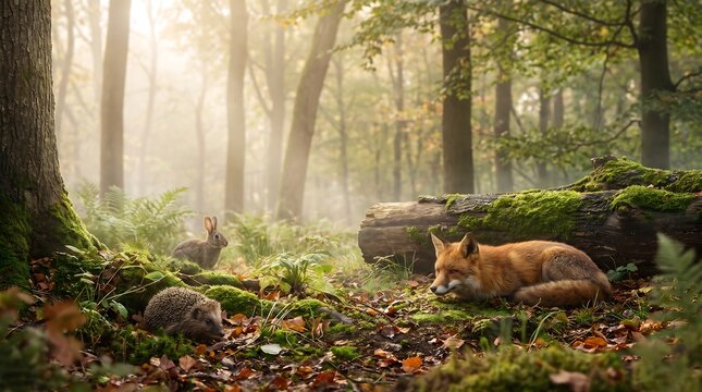Red fox resting on mossy ground in a sunlit misty woodland forest with wildlife