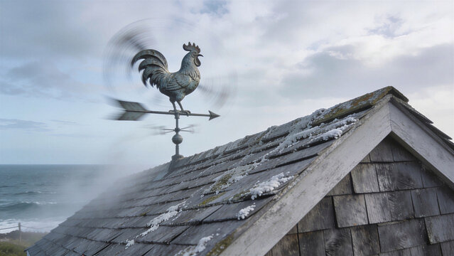 Coastal weathervane rooster spinning wind atop a weathered shingle roof overlooking the ocean.