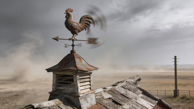 Vintage iron weathervane rooster spinning wind atop an old barn cupola amid a prairie dust storm.