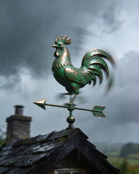 Antique green weathervane rooster spinning wind during a heavy rainstorm on a wet slate roof.
