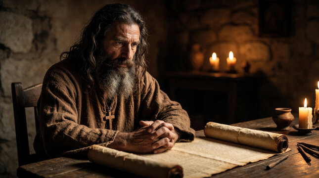 Elderly man with long beard, hair sits at wooden table in rustic stone room. Studies ancient scroll with quill pens. Candle light illuminates face of wise scholar during prayer deep contemplation in