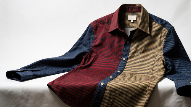 Mens patchwork button up shirt with vertical stripe pattern in navy red and tan. Collared long sleeve garment laid flat on white studio background. Modern casual apparel.