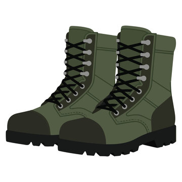 Pair of olive green combat tactical boots for hiking or field use with military footwear