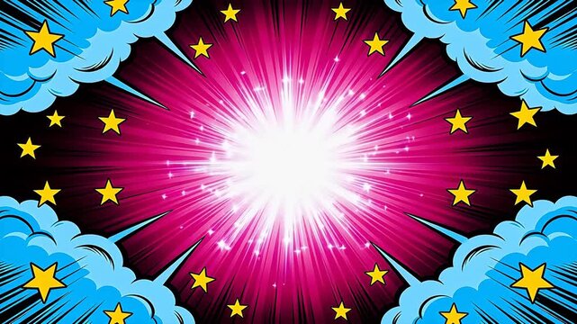 Abstract comic style pink radial burst with blue clouds and yellow stars
