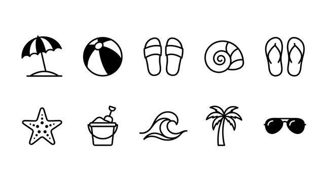 Flat beach and summer vacation icons set