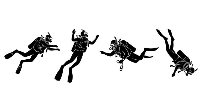 Four divers skydiving with scuba gear