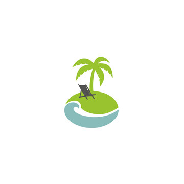 Tropical island with palm tree and beach chair logo