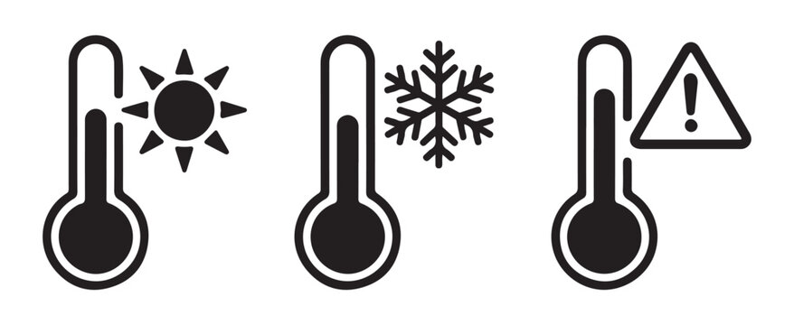 Temperature sensor icons set featuring sun snowflake and exclamation mark signs for weather and climate monitoring.