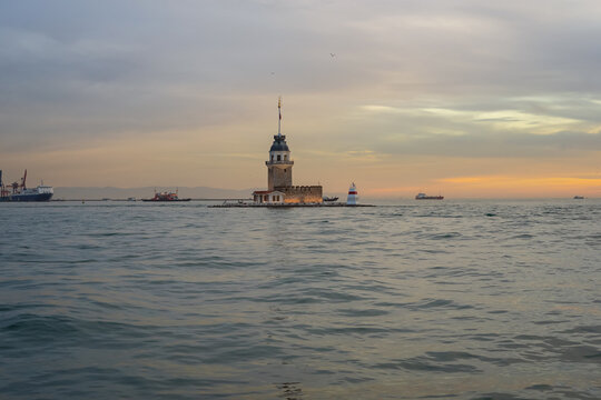 Istanbul, Turkey- 04 February 2026: Maiden's Tower (Kiz Kulesi) in Istanbul at sunset, Turkey