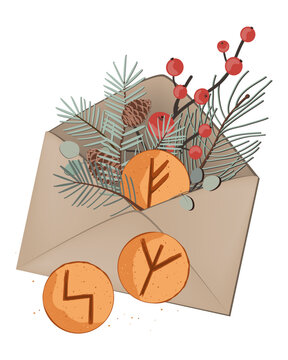 Christmas composition of winter branches and Fehu, Sowilo, and Algiz rune cookie in an envelope. Happy Holidays wishes. Vector isolated illustration.