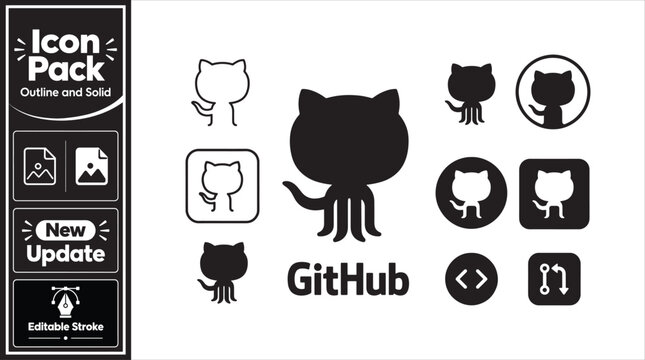 Github coding platform icon pack outline and solid vector design for interface development.