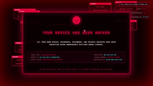 cyber attack hacking notification on red screen, 4k resolution transparent background alpha channel