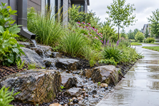 Urban rain garden channeling roof runoff into native plants