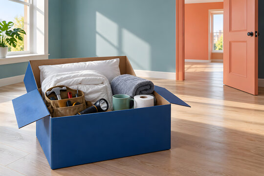 First night moving essentials packed in a colorful apartment box