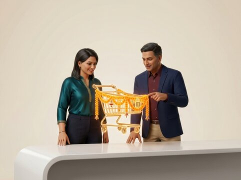 Couple admiring a festive decorated miniature shopping cart, symbolizing holiday shopping