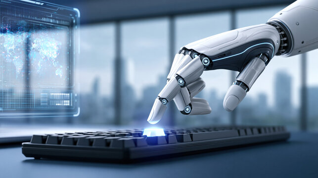 Futuristic robot hand pressing illuminated key on keyboard in modern office with holographic display, high tech atmosphere and subtle emotion