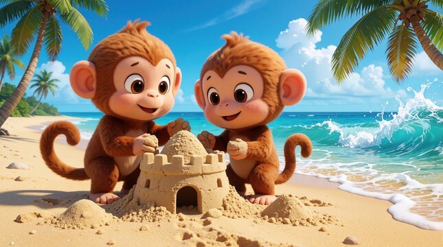 Two cute monkeys build sandcastle on sunny beach. Young apes play near ocean waves, palm trees background. Cartoon illustration shows summer fun, vacation, island paradise.