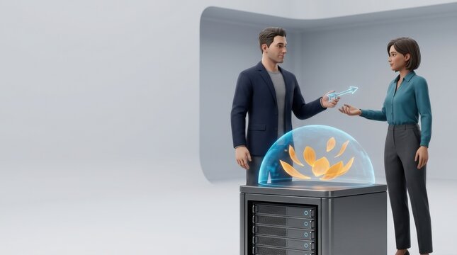 Two professionals exchange a digital key over a server, symbolizing cybersecurity protection