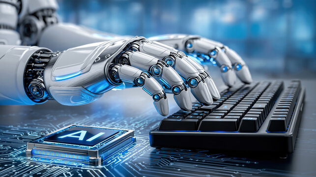 Futuristic robot hands typing on keyboard beside AI chip, cool blue lighting and circuit board details convey advanced technology and efficiency