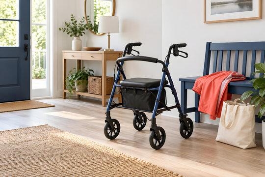 Four wheel rollator walker prepared in a stylish home entryway