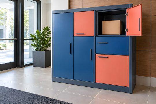 Colorful apartment parcel locker with one package ready for pickup