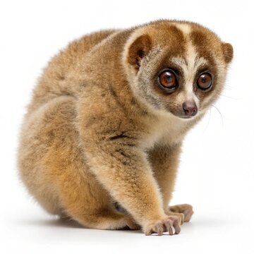 A cute wild slow loris sitting isolated on white transparent background.